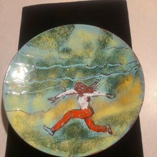 Mid Century Modern Enamel Copper Art Plate Person Walking Design Signed Tf