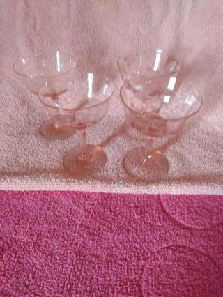 Set Of 4 Vintage Etched Pink Depression Champagne Glasses.