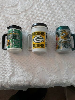 Vintage Green Bay Packers Insulated Coffee Mugs With Lids.  Set Of 3