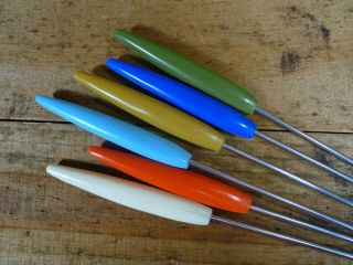 Set Of 6 Retro Mid - Century Modern Stainless Steel Fondue Forks Assorted Colors