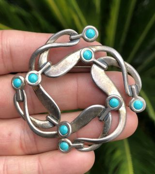 Vintage Modernist Mexico.  925 Blue Turquoise Sterling Silver Pin Brooch