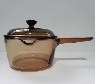Vintage Corning Pyrex Vision Ware 1l Amber Glass Pot Sauce Pan W/ Lid V - 1 - C
