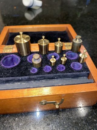 Vintage 1 To 50 Gram Brass Calibration Scale Weight Set With Wood Box 8 Piece