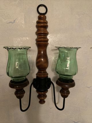 Wooden Wrought Iron Wall Hanging Two Arm Candle Holder Green Votives Vintage