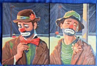 Vintage Pair Pbn Paint By Number Clown Emmett Kelly Weary Willie Paintings 12x16