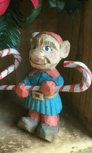 Vintage Hand Carved Wooden Christmas Elf Gnome Award Winning Canadian Carver