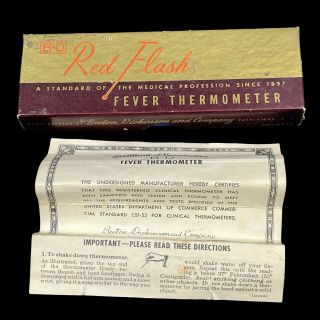 Vintage B - D Red Flash Fever Thermometer Box & Instructions 1955 (no Thermometer)