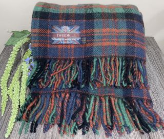 Vintage Tweedmill Pure Wool Blanket Plaid Throw Fringe British Made 52x60 Euc