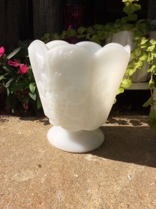 Milk Glass E O Brody Cleveland Ohio Footed Bowl Grape Leaves Vintage