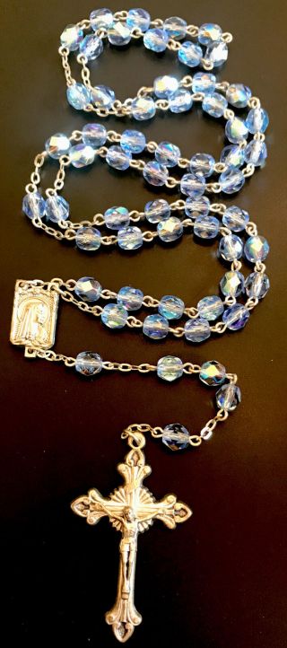 Vintage Catholic Iridescent Blue Crystal 5 Decade Rosary Silver Tone Crucifix