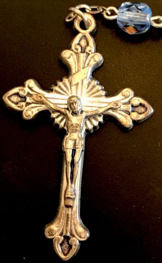 Vintage Catholic Iridescent Blue Crystal 5 Decade Rosary Silver Tone Crucifix 2
