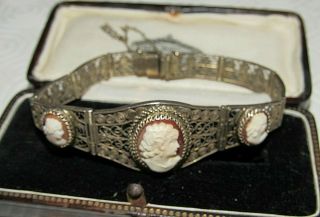 Vintage Signed Jewellery Carved Cameo Shell 800 Silver Filigree Panel Bracelet