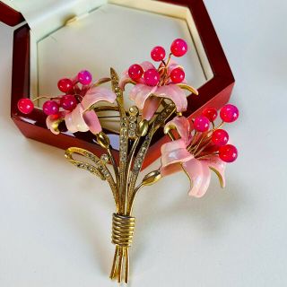 Vintage 40s Pink Enamel Glass Bead/rhinestone Gold Plated Flower Brooch/pin