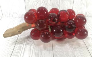 Vintage Mid Century 1960s Red Lucite Acrylic Grape Cluster Wired On Driftwood
