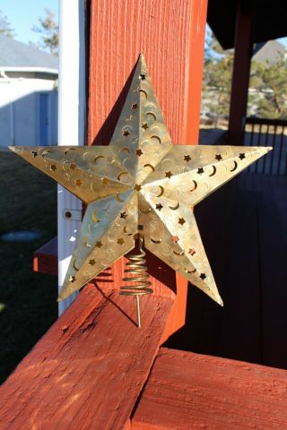 Large Sturdy Vintage Brass Star Christmas Tree Topper 13 " Cutwork Moon & Stars
