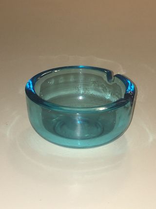 Vintage Mid Century Modern Turquoise Light Blue Glass Ashtray 3 3/4 Round 2 Slot