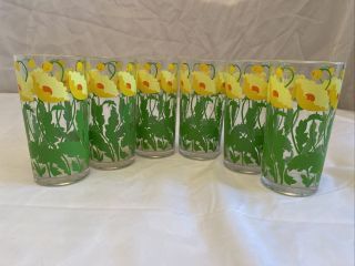 H J Stotter Set (6) Acrylic Drinking Cup Glasses Yellow Floral Ny Usa Vtg Mcm