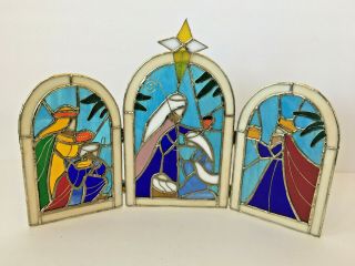 Vintage Christmas Nativity 3 Wise Men Stained Glass Style Holiday Decor