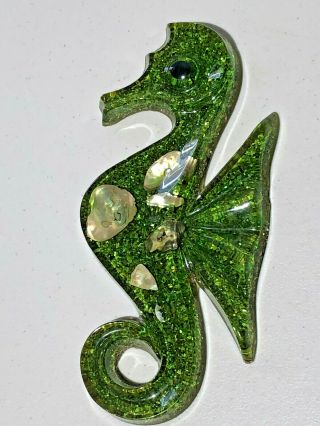 Vintage Mid - Century Green Lucite Seahorse Wall Plaque Art With Abalone Shells