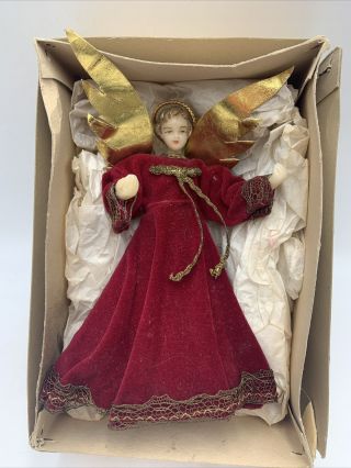 Vintage Wax Angel West Germany Red Velvet Tree Topper 6.  5 " Tall