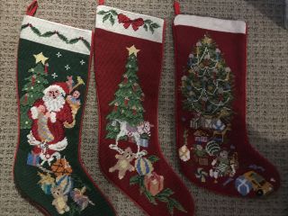 3 Vintage Needlepoint Christmas Stockings - Santa Clause - Toys Santa Tree Red