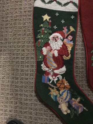 3 VINTAGE Needlepoint Christmas Stockings - Santa Clause - Toys Santa Tree Red 2