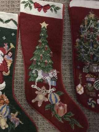 3 VINTAGE Needlepoint Christmas Stockings - Santa Clause - Toys Santa Tree Red 3