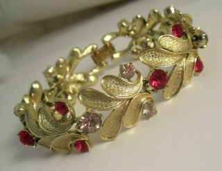 Vintage Coro Hot Pink & Pale Pink Rhinestone Gold Tone Link Bracelet