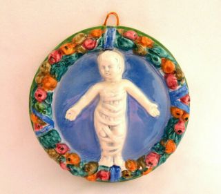 Vintage Italian Della Robbia Majolica Pottery Wall Plaque Swaddled Baby Jesus