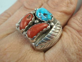 Vintage Old Pawn Navajo Turquoise & Coral Sterling Silver Feather Ring Size 11