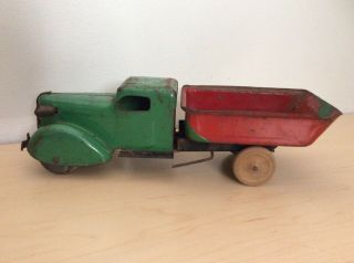 Wyandottw Pressed Steel Dump Truck Wooden Wheels 11” Vintage Toy Truck