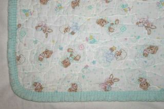 Vintage Riegel Sleepy Teddy Beddy Bear Crib Baby Blanket White Ruffle Green Trim