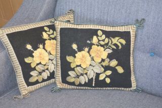 Pair Vintage Needlepoint Petit Point Tapestry Cushions Yellow Roses On Black