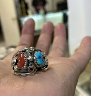 Vintage Signed Max C.  Sterling Silver Navajo Turquoise Coral Ring Sz 12