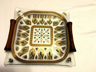 Fred Press Signed Mid - Century Wood Handles Glass Tray W Gold,  Turquoise