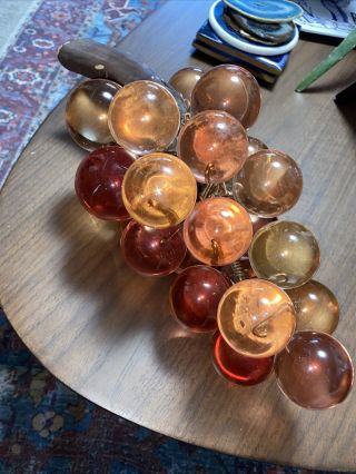 Vintage 12” Lucite Acrylic Resin Grape Cluster Wood Stem 25 Balls Amber/ Orange