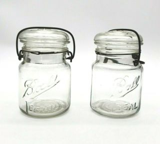 2 Vintage Ball Ideal Mason Jars Pint Size W/ Wire Slide Close & Glass Lids
