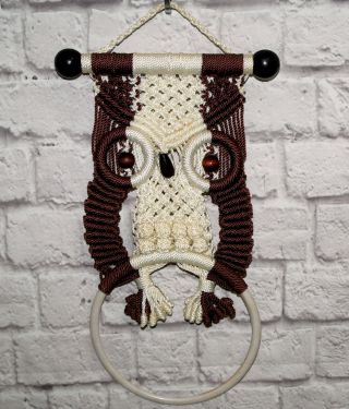 Vintage Owl Wall Hanging Macrame Towel Holder Ring Hanger Decor Brown White