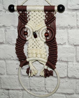 Vintage Owl Wall Hanging Macrame Towel Holder Ring Hanger Decor Brown White 2