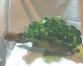 Vintage Bright Green Lucite Acrylic Grapes On Drift Wood Stem - 17 Inches Long