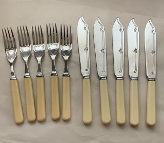 Vtg Set Of 10 Fish Knives & Forks Butterscotch Bakelite? Handles Chromium Plate