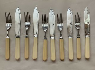 Vtg Set of 10 Fish Knives & Forks Butterscotch Bakelite? Handles Chromium Plate 2