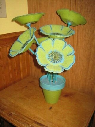 Mid Century Kitschy 1960 Retro Avocado Green Turquoise Plastic Flowers Pot Retro