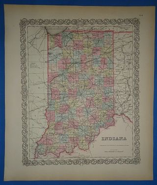 Vintage 1857 Indiana Map - Old Hand Colored Colton 