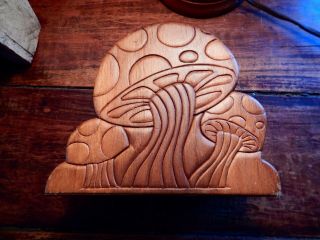 Mid Century Modern Mushroom Napkin Letter Holder Carved Wood Retro Kitchen Magic