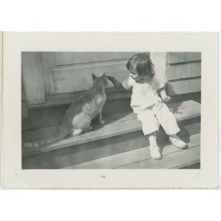 Vintage Black And White Photo Little Girl Petting Tabby Cat 1940s Cute Retro