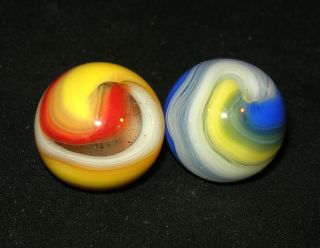 Vintage Akro Agate Co.  Popeye Marble Pairing (2) - - Both Near Shooter Size