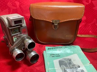 Vintage Keystone 8mm Movie Camera Model K - 26,  3 Lens Turret,  Leather Case,