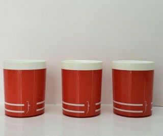 Mid Century Vintage 3 X Morgan Design Red Orange With White Stripe Plastic Cups