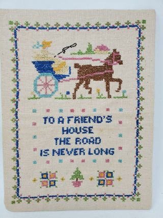 Vtg Completed Counted Cross Stitch Horse Carriage Friends House Primitive Decor